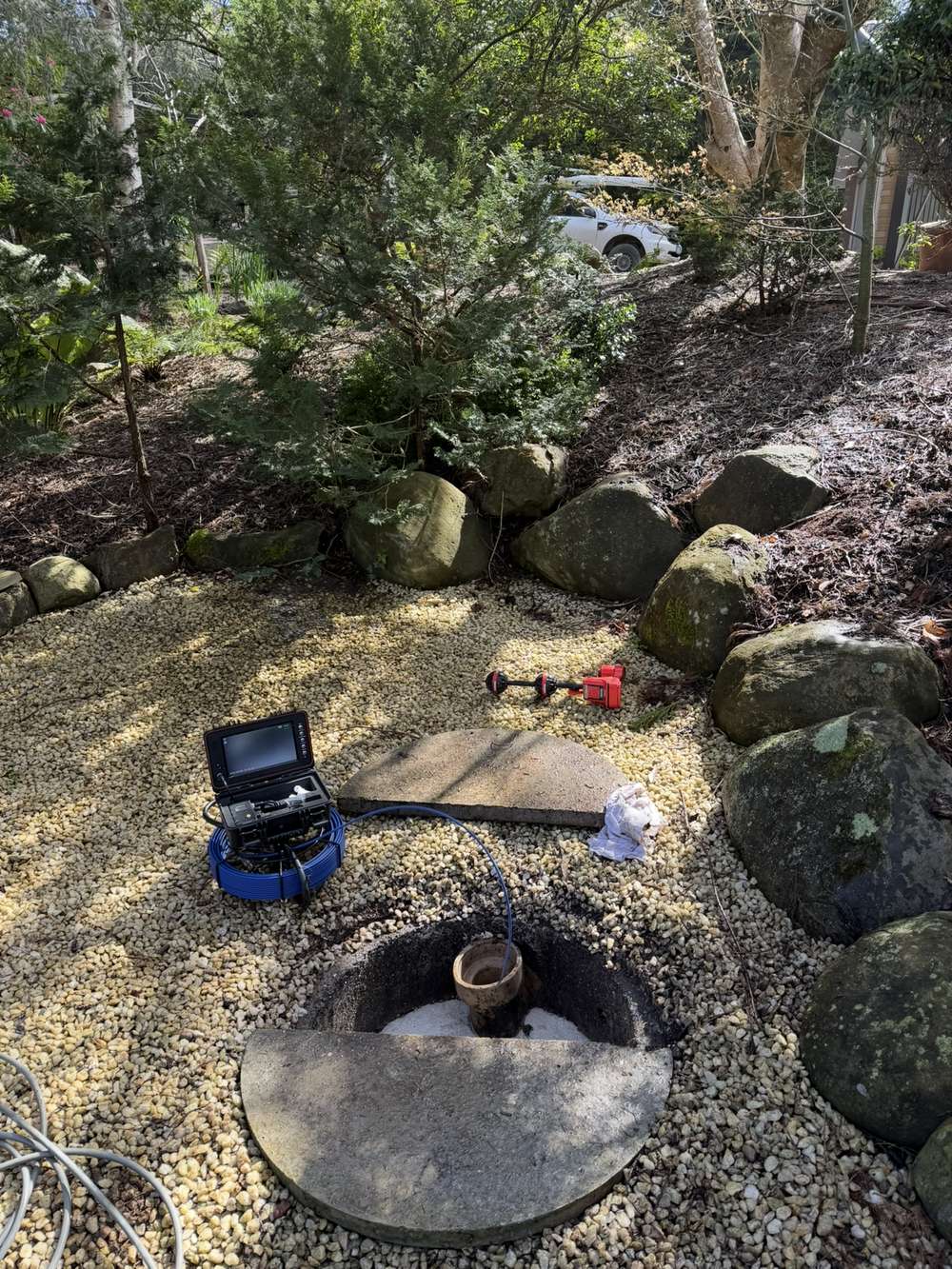 CCTV drain camera equipment set up at a septic and grease trap access point in Beaconsfield